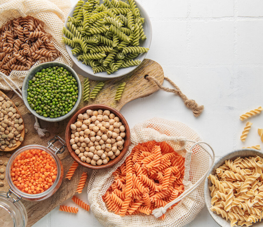 A variety of fusilli pasta from different types of legumes. Glut