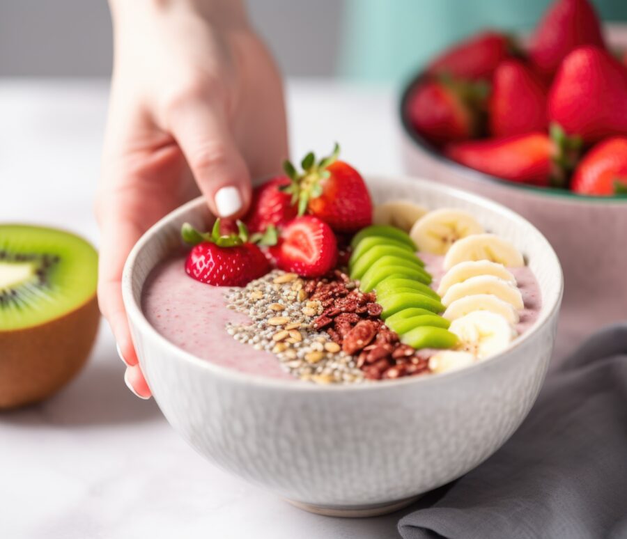 hand serving a hearty bowl of flaxseed smoothie with fresh fruits