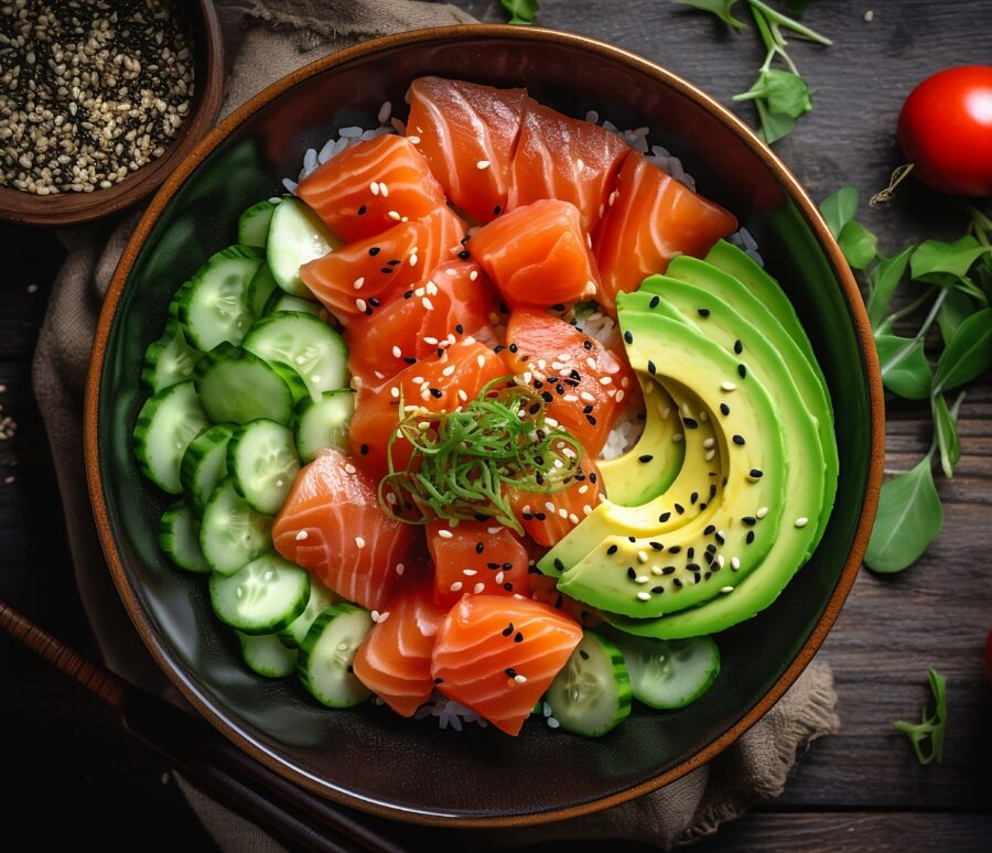 Hawaiian dish with salmon, avocado and cucumber